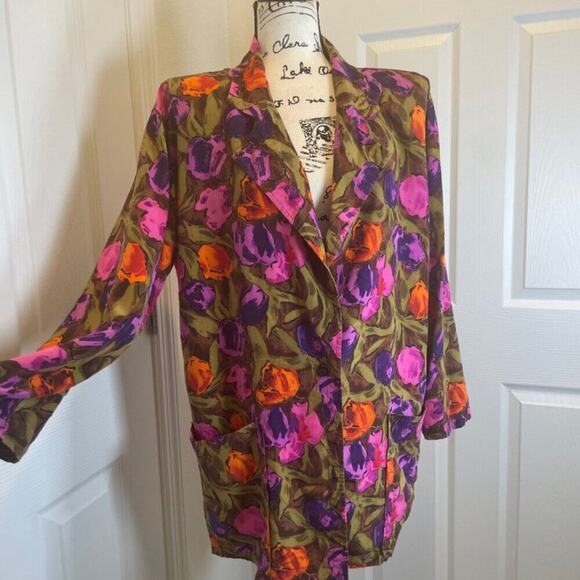VINTAGE 80’s UNGARO TER BLAZER 100% SILK SZ 8 FLORAL CHIC PREPPY ECLECTIC STYLE - Picture 11 of 16